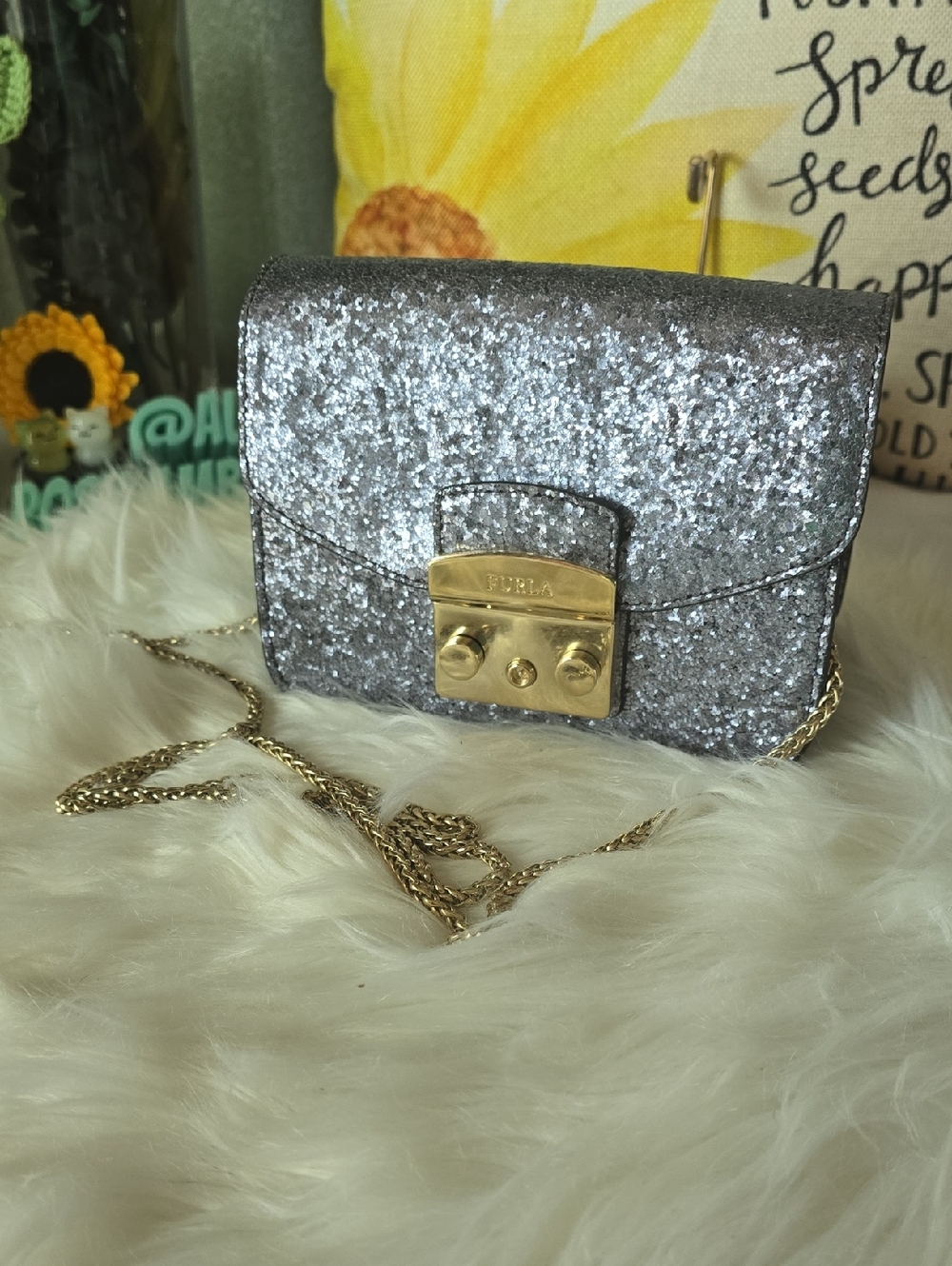 Furla Metropolis Silver Glitter Mini Crossbody with Detachable Strap